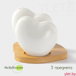 Набор фарфоровый для специй на бамбуковой подставке «Тепло сердец», 2 предмета: солонка 75 мл, перечница 75 мл, цвет белый