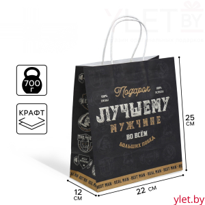 Пакет подарочный крафтовый, упаковка, «Настоящему мужчине», 22 х 25 х 12 см