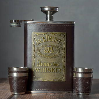 Набор фляжка и стопки Jack Daniels с табличкой, Темный коричневый