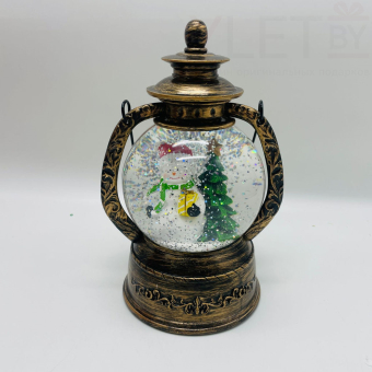 Снежный шар с подсветкой музыкальный Ретро фонарь круглый "Снеговик с подарком" d - 15 см, высота 22 см