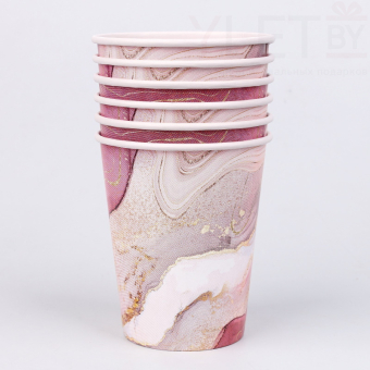 Стакан бумажный Розовый мрамор, набор 6 шт, 250 мл