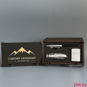 Подарочный набор "Самому сильному и надежному" горы (Ручка, бензиновая зажигалка, мультитул)