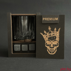 Набор для виски Premium «Череп с короной » (cтакан + 3 камня)